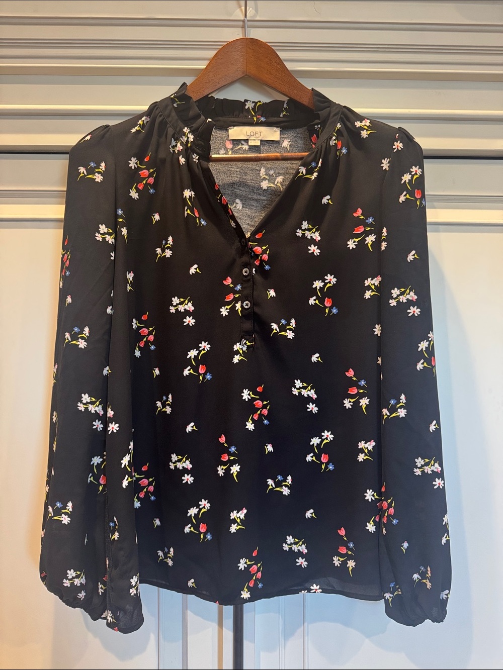LOFT Black Floral Ruffle-Neck Button Blouse